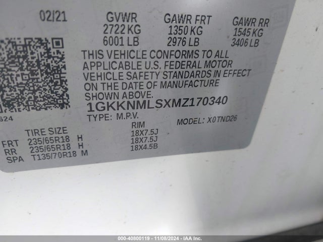 1GKKNMLSXMZ170340 GMC Acadia Fwd Slt
