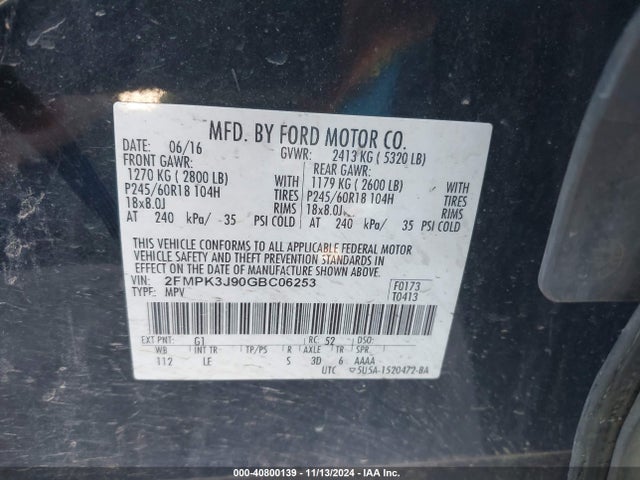 Ford EDGE SEL 2016 2FMPK3J90GBC06253 Image 9