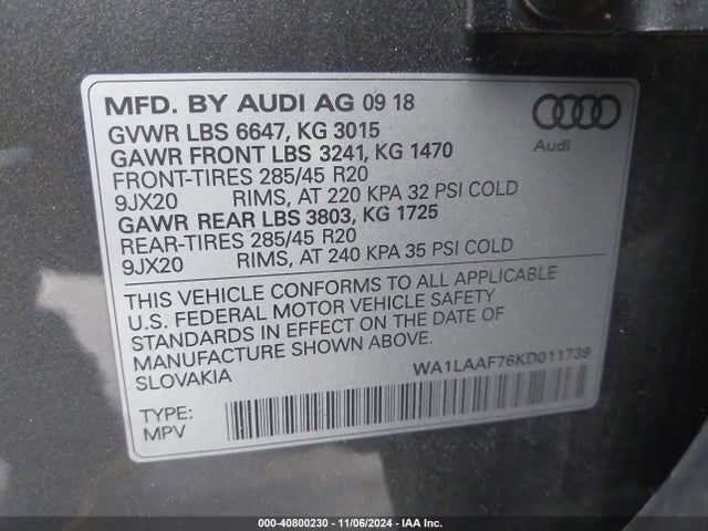 WA1LAAF76KD011739 Audi Q7 55 Premium/55 Se Premium