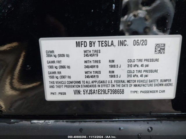 2020 TESLA MODEL S 5YJSA1E29LF398658 Photo 8