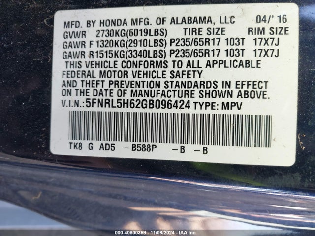 Honda Odyssey Ex-l 2016 5FNRL5H62GB096424 Image 9