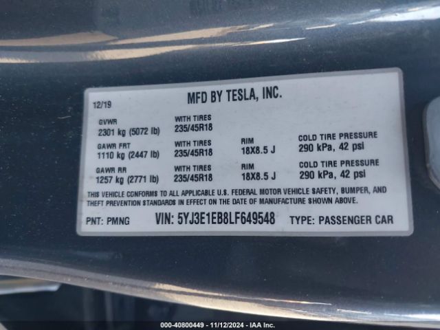 5YJ3E1EB8LF649548 Tesla Model 3 Long Range Dual Motor All-wheel Drive