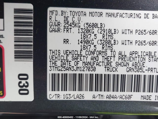 3TMGZ5AN3JM127030 Toyota Tacoma Limited