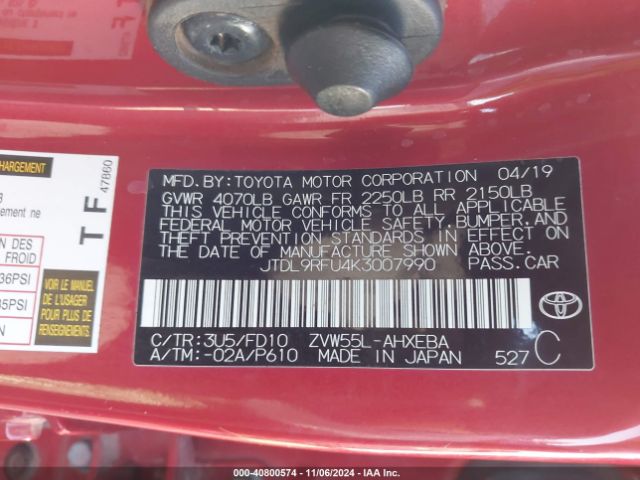 JTDL9RFU4K3007990 Toyota Prius Le