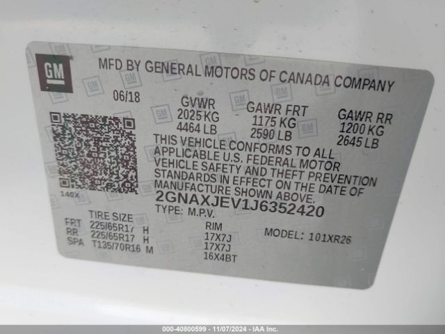 2GNAXJEV1J6352420 Chevrolet EQUINOX LT