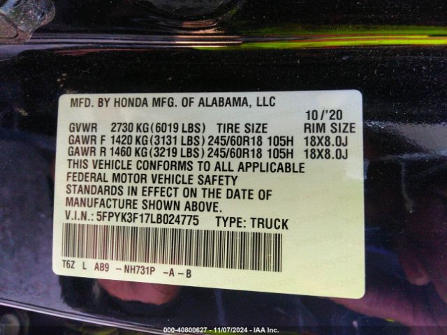 5FPYK3F17LB024775 Honda Ridgeline Awd Sport