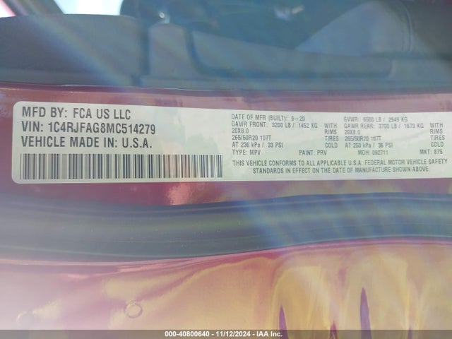 1C4RJFAG8MC514279 Jeep Grand Cherokee Laredo X 4x4