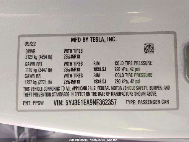 2022 TESLA MODEL 3 5YJ3E1EA9NF362357 Photo 8