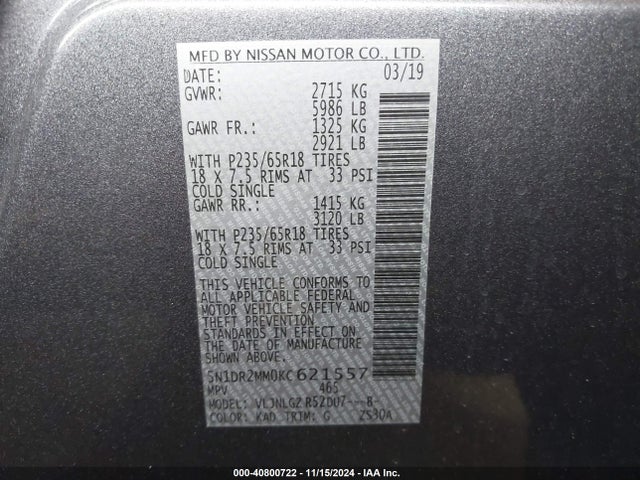 Nissan Pathfinder Sl 2019 5N1DR2MM0KC621557 Image 9