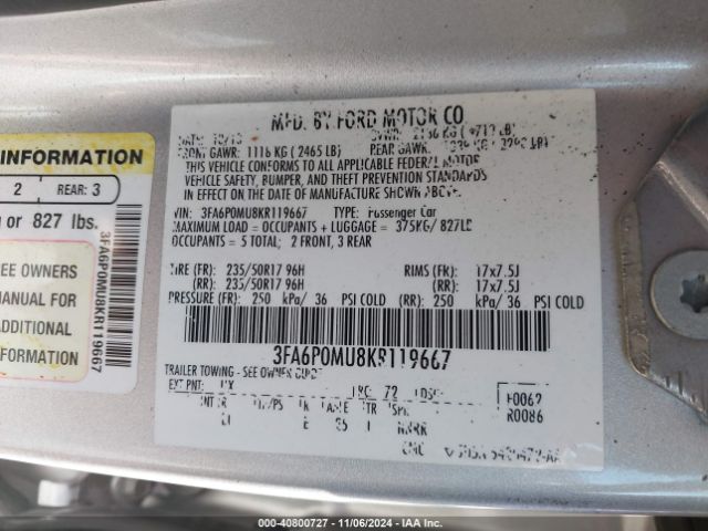 3FA6P0MU8KR119667 Ford Fusion Hybrid Sel