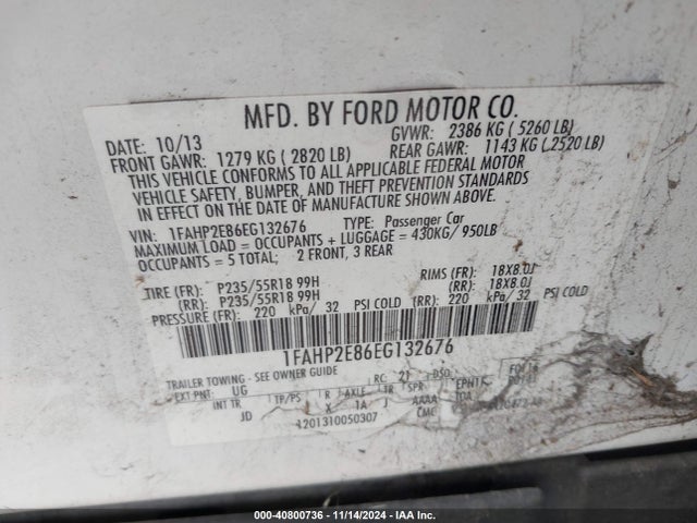 1FAHP2E86EG132676 Ford TAURUS SEL