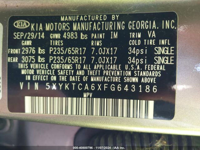 5XYKTCA6XFG643186 KIA SORENTO LX