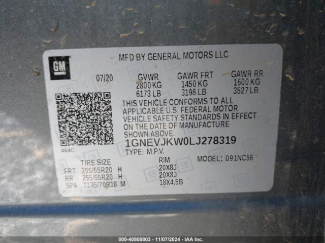 1GNEVJKW0LJ278319 Chevrolet Traverse Awd Rs