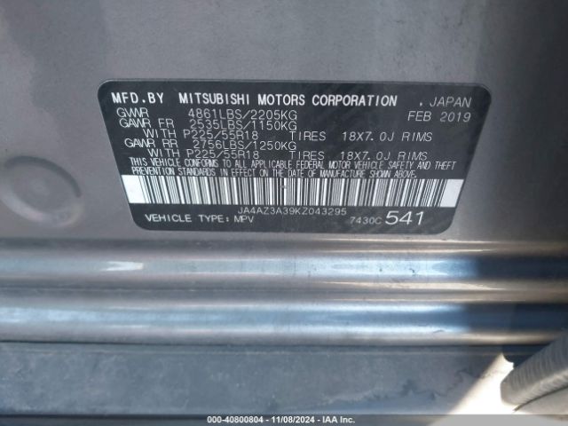 JA4AZ3A39KZ043295 Mitsubishi Outlander Se
