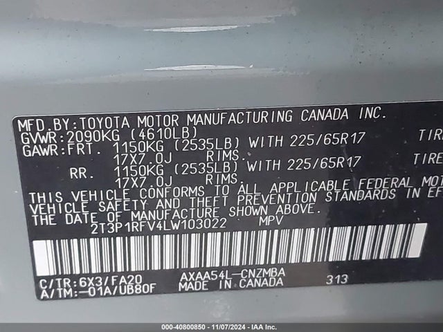 Toyota Rav4 Xle 2020 2T3P1RFV4LW103022 Image 9