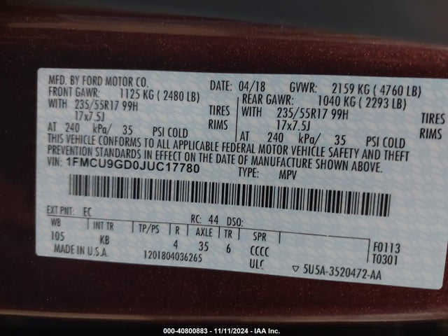 Ford ESCAPE SE 2018 1FMCU9GD0JUC17780 Image 9
