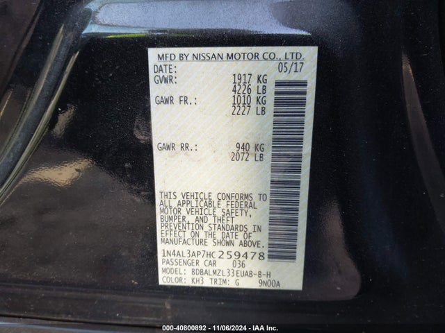 Nissan Altima 2.5 Sv 2017 1N4AL3AP7HC259478 Image 9
