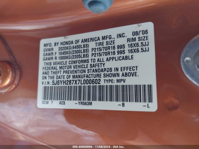 Продаж на аукціоні авто 2007 Honda Element Ex, vin: 5J6YH287X7L000602, номер лоту: 40800894