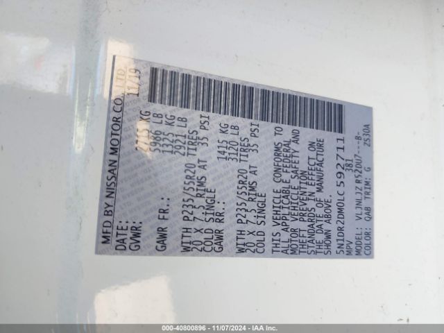 5N1DR2DM0LC592711 Nissan Pathfinder Platinum 4wd