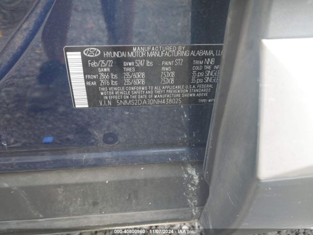 5NMS2DAJ0NH438025 Hyundai Santa Fe Sel