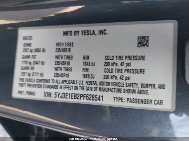 Tesla Model 3 Long Range Dual Motor All-wheel Drive 2023 5YJ3E1EB2PF628541 Image 8