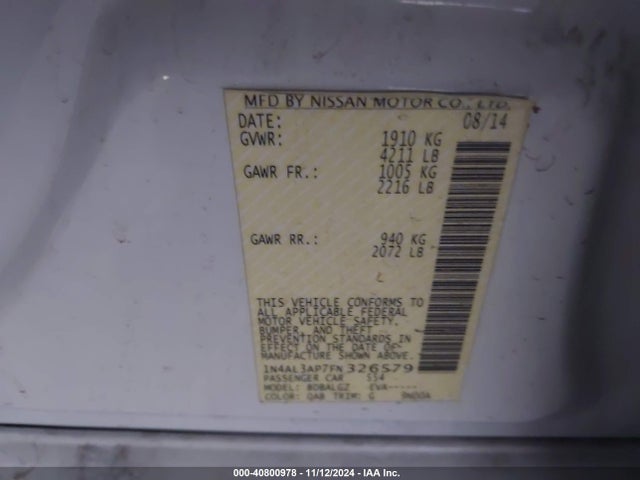 Nissan Altima 2.5 S 2015 1N4AL3AP7FN326579 Image 9