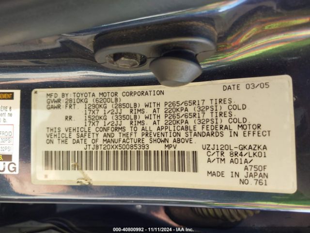 2005 LEXUS GX 470 JTJBT20XX50085393 Photo 8