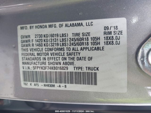 5FPYK3F74KB016829 Honda Ridgeline Rtl-e