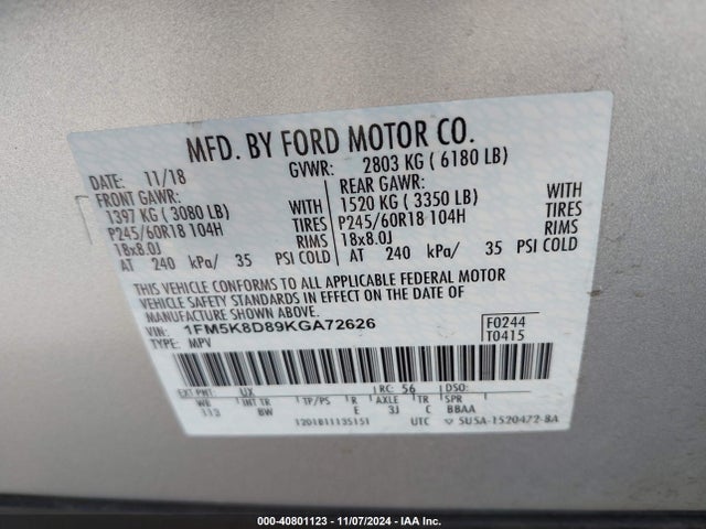 Ford EXPLORER XLT 2019 1FM5K8D89KGA72626 Image 9