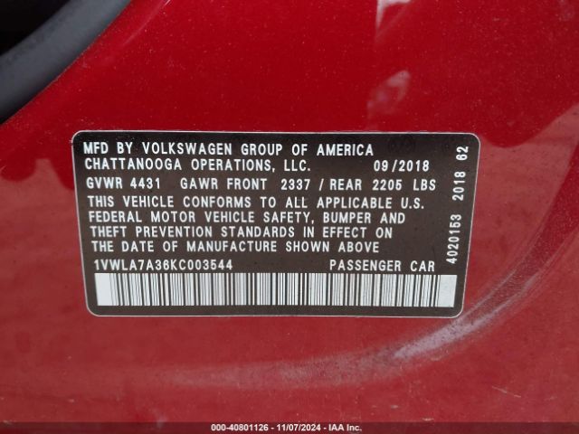 1VWLA7A36KC003544 Volkswagen Passat 2.0t Wolfsburg Edition