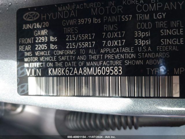 KM8K62AA8MU609583 Hyundai Kona Sel Plus
