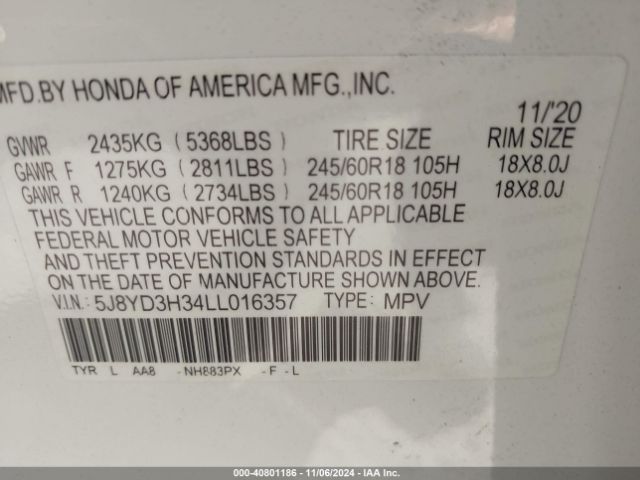 5J8YD3H34LL016357 Acura Mdx Standard