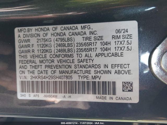 2HKRS4H29SH407805 Honda Cr-v Lx Awd