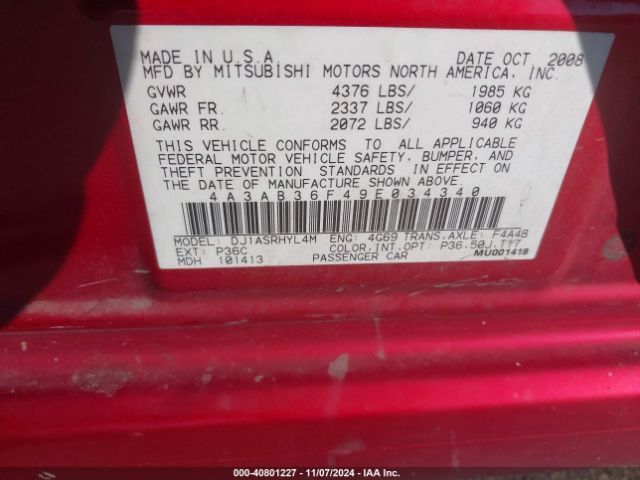 2009 MITSUBISHI GALANT 4A3AB36F49E034340 Photo 8