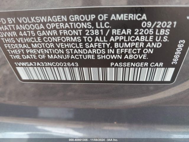 1VWSA7A33NC002643 Volkswagen Passat 2.0t Se