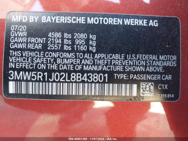 3MW5R1J02L8B43801 BMW 330I