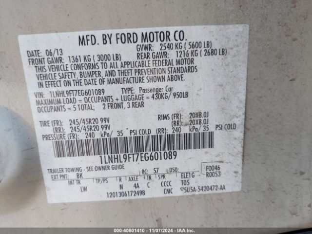 1LNHL9FT7EG601089 Lincoln Mks Ecoboost