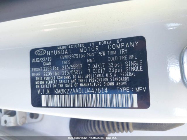 KM8K22AA9LU447814 Hyundai Kona Sel