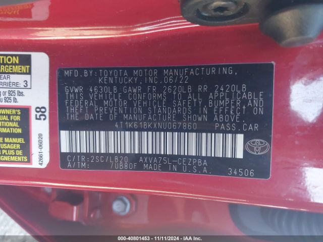 4T1K61BKXNU067860 Toyota Camry Xse Awd