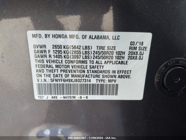 5FNYF6H9XJB027314 Honda Pilot Touring