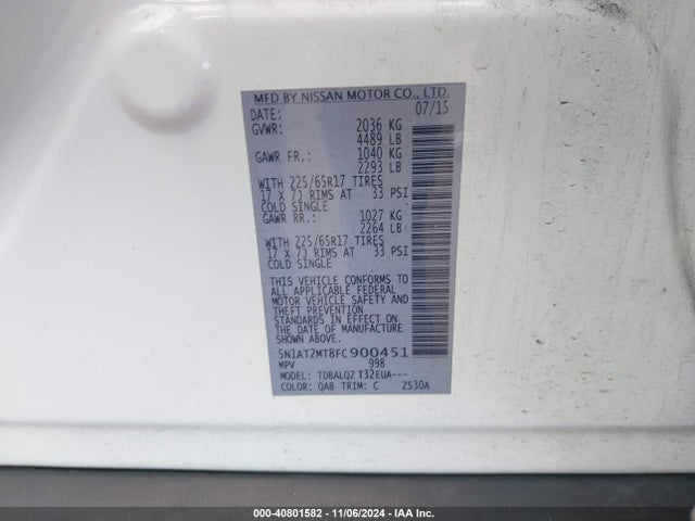 Nissan ROGUE SV 2015 5N1AT2MT8FC900451 Image 9