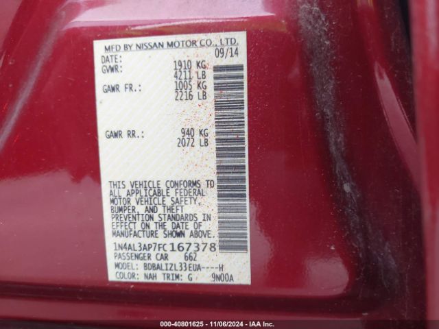 1N4AL3AP7FC167378 Nissan Altima 2.5 Sv