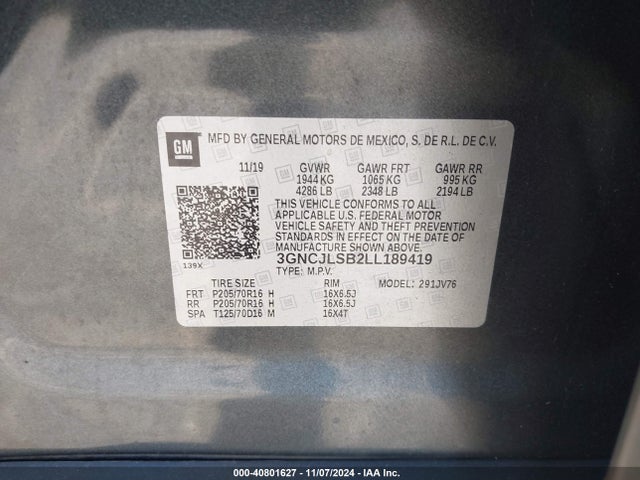 Chevrolet Trax Fwd Lt 2020 3GNCJLSB2LL189419 Image 9