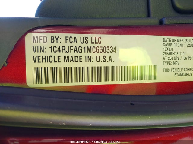 1C4RJFAG1MC650334 Jeep Grand Cherokee Laredo X 4x4