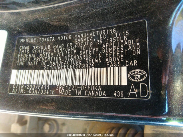 Toyota COROLLA L 2016 2T1BURHE0GC569979 Image 9