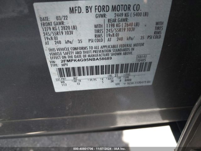 2FMPK4G95NBA58689 Ford EDGE SE