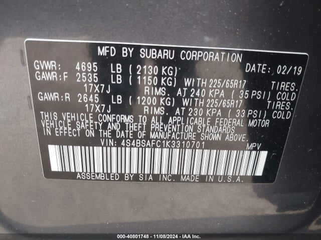 Subaru Outback 2.5i Premium 2019 4S4BSAFC1K3310701 Image 9