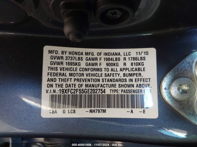 Honda Civic Lx 2016 19XFC2F55GE202754 Image 9