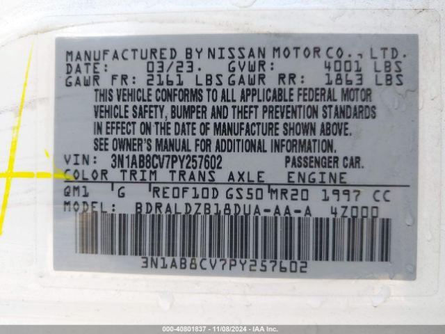 3N1AB8CV7PY257602 Nissan Sentra Sv Xtronic Cvt
