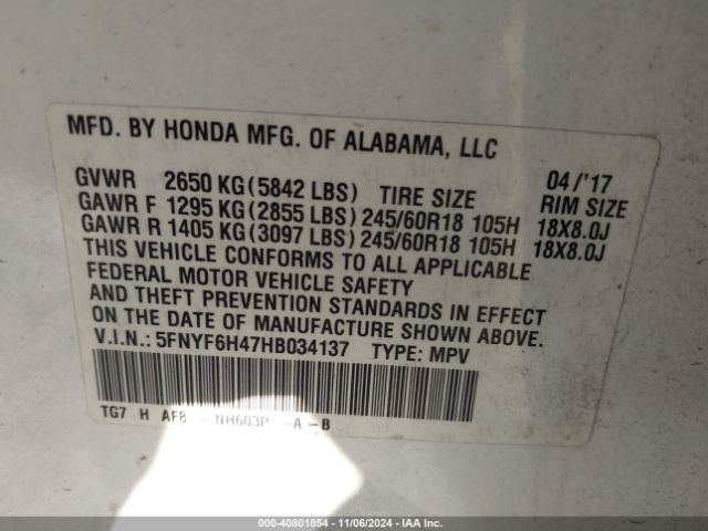 5FNYF6H47HB034137 Honda Pilot Ex